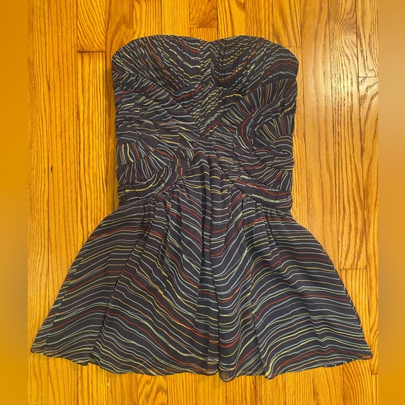 BCBG Structured Strapless Dress with Multicolor Stripes and Diaphanous Draping - Picture 1 of 11
